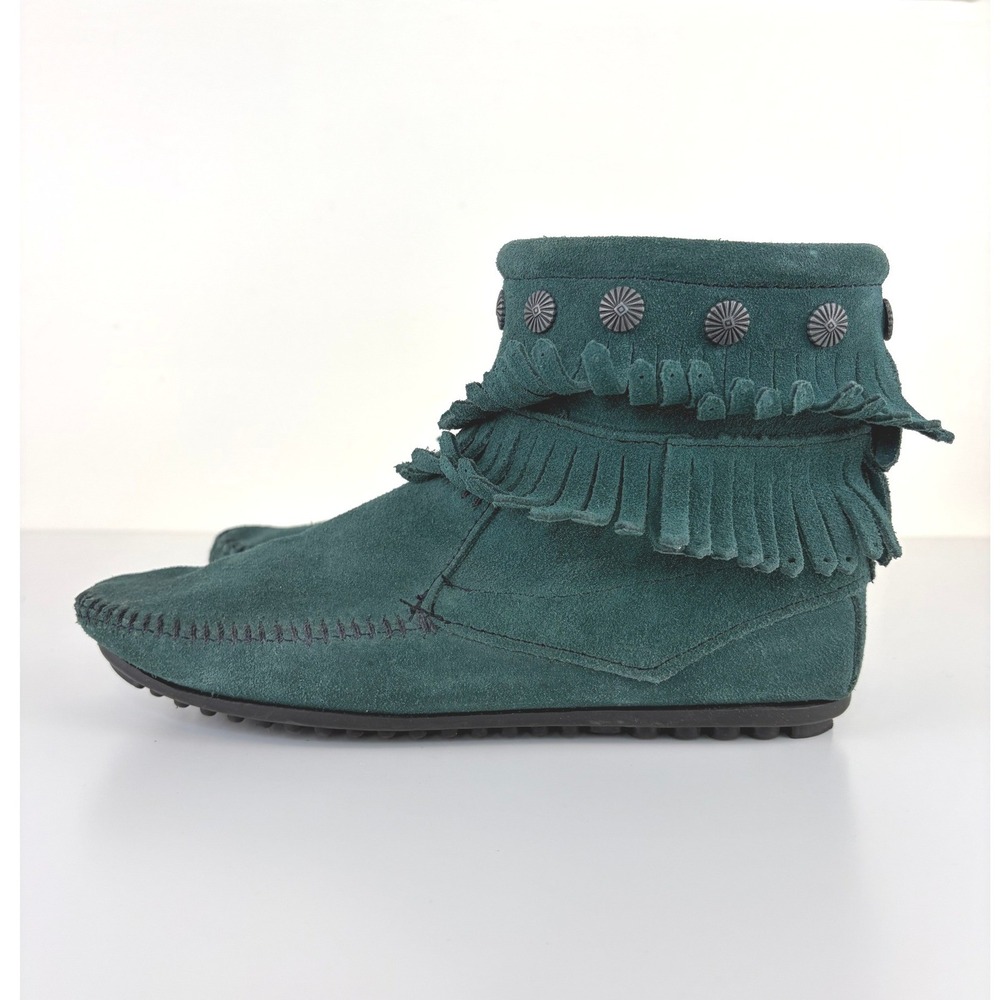 Minnetonka Suede Moccasin Fringe Ankle Boots Green Concho Women's 7 697P